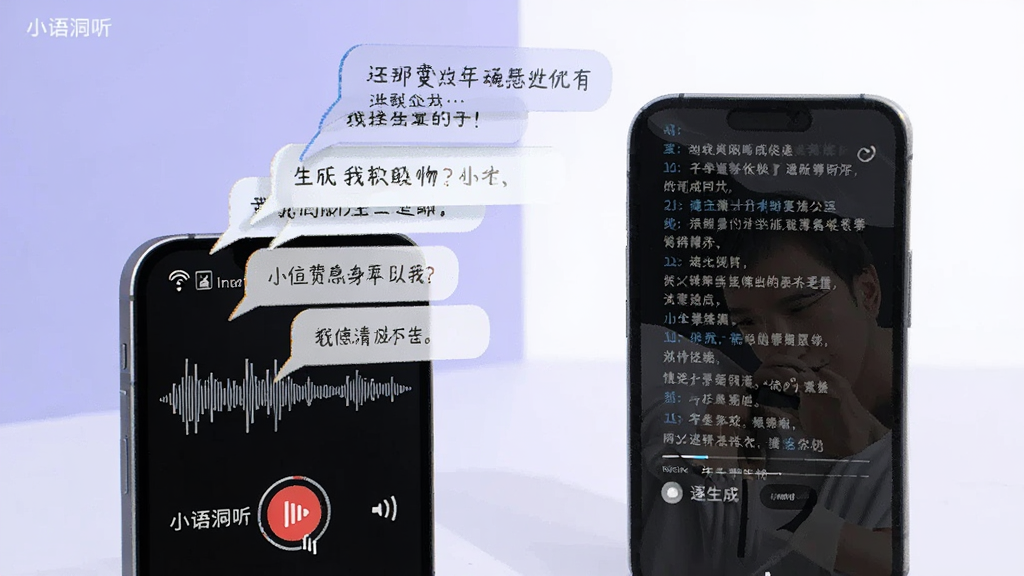 画面主体为一部手机与悬浮的文字气泡,手机屏幕内显示录音进行中的波形与逐句生成的文字段落,文字气泡从手机上方飘出并排列整齐,背景为淡紫色与白色拼接的简洁空间,风格为现代扁平插画,构图左文右图,细节表现文字气泡的层次感,画质清晰干净,画面中带有“小语洞听”字样