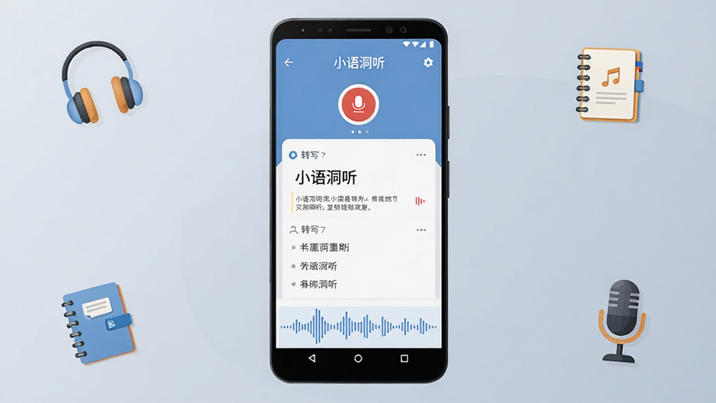 画面中央是一部竖屏安卓手机,手机屏幕上显示“小语洞听”应用主界面,界面包含录音按钮、转写文本列表与音频波形条,背景为浅灰蓝色渐变,四周散落耳机、笔记本与麦克风小图标,整体采用扁平化科技插画风格,色调干净清爽,布局居中对称,细节清晰,画质高清,无多余装饰元素