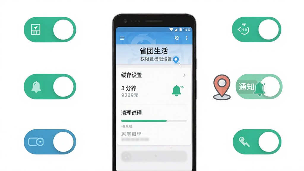 主体为一部安卓手机屏幕展示“省团生活”权限设置与缓存清理界面示意,旁边配有小图标表示定位与通知;布局为手机居中,四周环绕权限开关图标;排版清爽留白充足;风格为扁平化教程示意风;细节包括开关按钮高亮、清理进度条;画质清晰,画面干净,无多余元素。