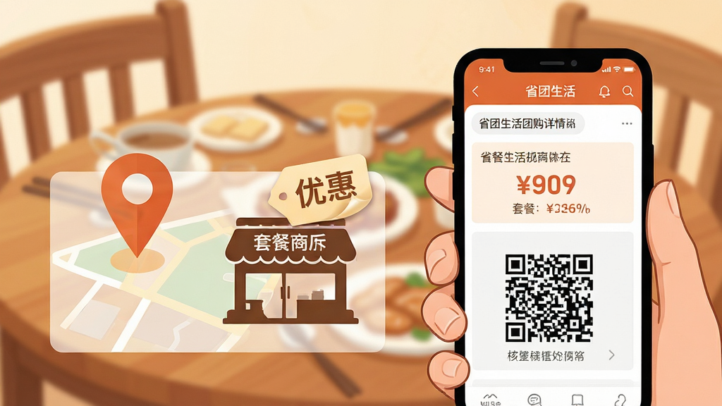 主体为一只手拿手机展示“省团生活”团购详情页,页面中清晰可见套餐价格与核销二维码;布局为手机位于画面右侧,左侧叠加半透明的地图定位标记与商家门店剪影;排版上留出上方空间用于视觉呼吸;风格为温暖生活化插画风;细节包括餐桌背景虚化、优惠标签微微翘起;画质清晰,画面干净,无多余元素。