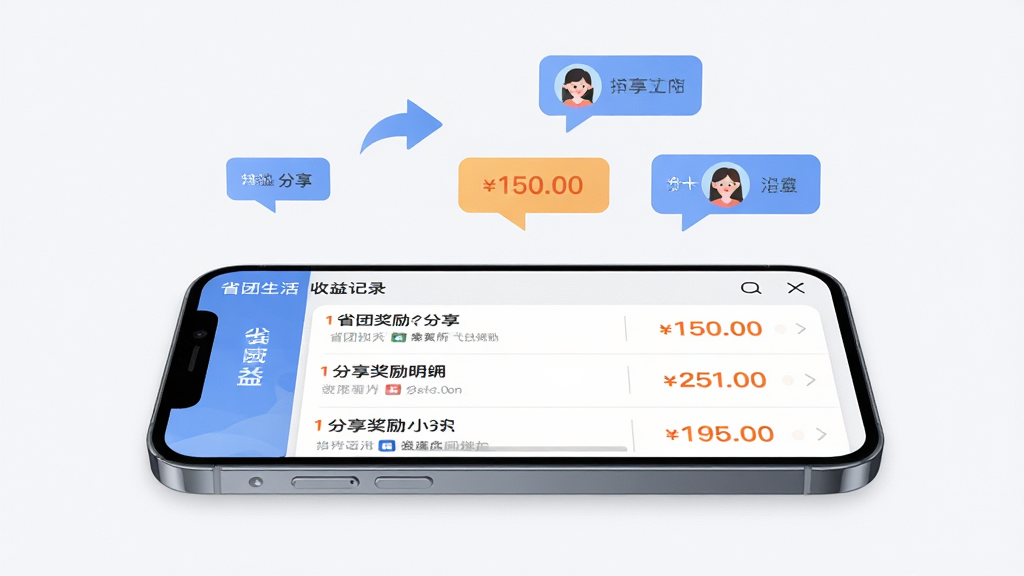 主体为一部手机横放展示“省团生活”收益记录页面,页面中列有多条分享奖励明细;布局上手机置于画面中央偏下,上方漂浮分享箭头与好友头像气泡;排版采用左右对称的轻量构图;风格为简洁现代扁平风;细节包括数字金额高亮、列表分隔线细腻;画质高清,画面干净,无多余元素。