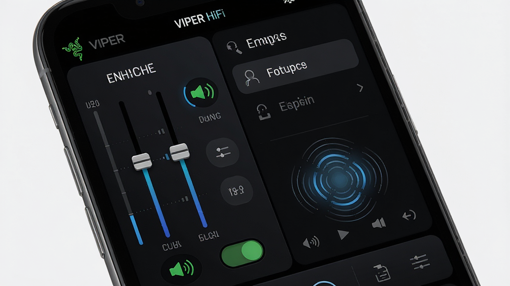 VIPER HiFi��Ч���ڽ�����д����������Ϊ�ֻ���Ļչʾ��������Ч��������壬����Ϊ�����ʾƵ�λ�������Ч���أ��Ҳ�չʾ��������ѡ���б����Ű��������򣬷��Ϊ��ɫ�Ƽ��磬ϸ�ڰ���