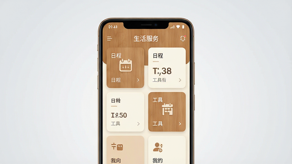 一张展示手机应用主界面的产品渲染图,画面中央为竖向摆放的安卓手机,屏幕内显示简洁卡片式布局的生活服务应用界面,包含日程、工具、我的等模块入口,配色以柔和柚木色与米白为主,背景为浅灰渐变,风格干净现代,细节清晰,画质高清,干净无多余元素