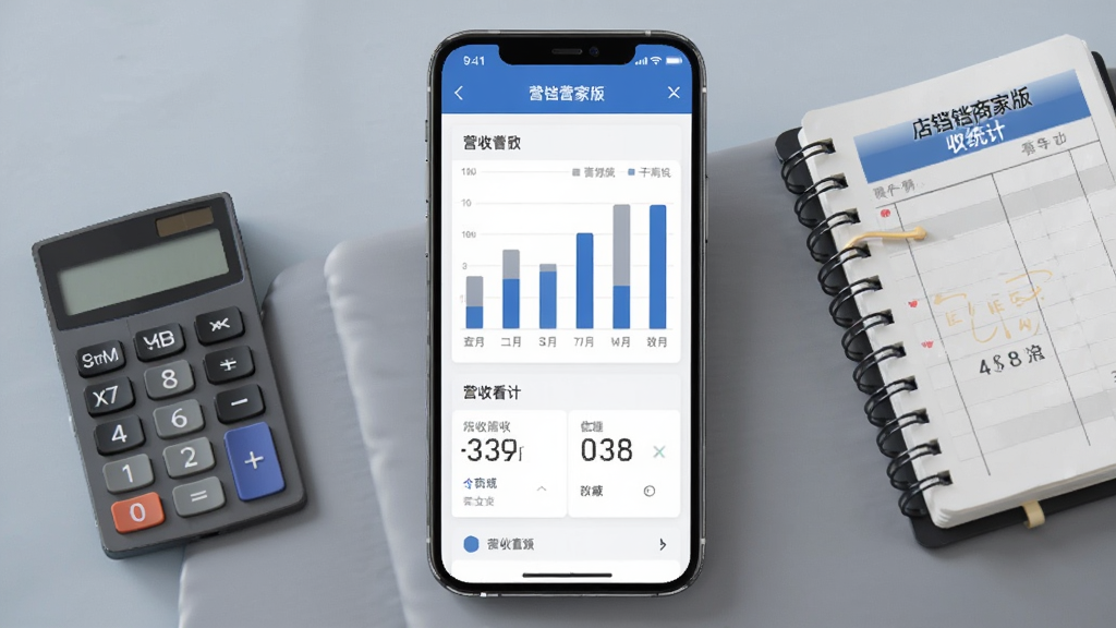 店铛铛商家版营收统计页面,手机屏幕显示柱状图与数字看板,旁边有计算器与账本元素,商务简约风格,蓝灰配色,排版整齐,画质清晰,无杂乱元素