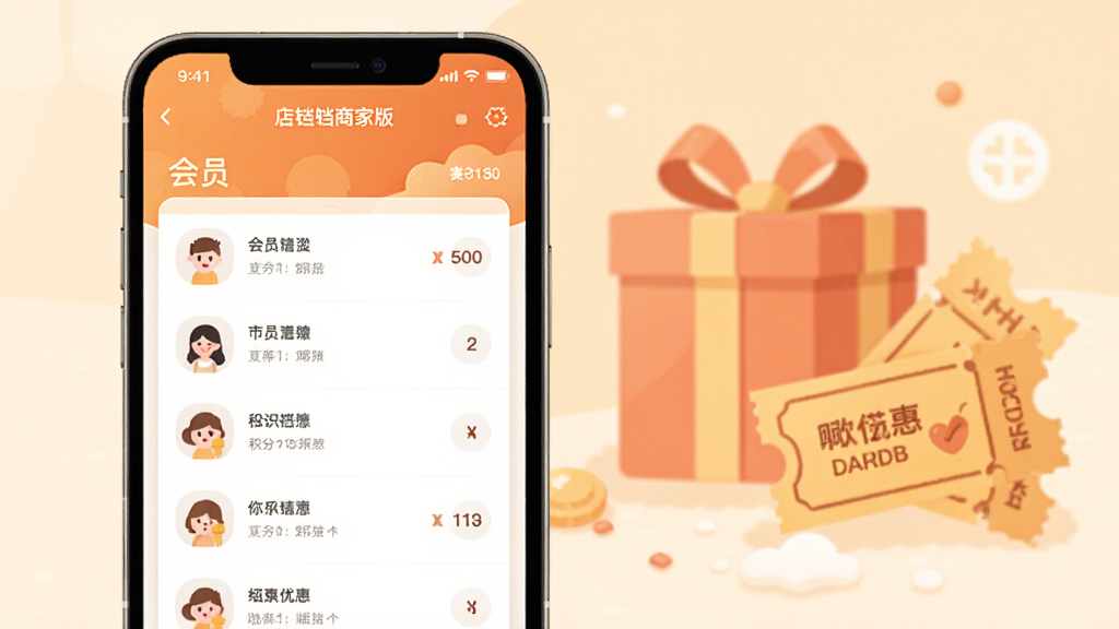 店铛铛商家版会员管理界面,手机屏幕展示会员列表与积分优惠设置,背景有礼品盒与优惠券元素,暖色调扁平风格,布局疏朗,细节干净,高清画质