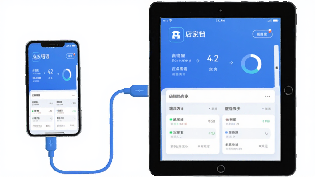 店铛铛商家版多端同步示意图,手机与平板设备之间用数据线连接,屏幕显示相同的数据界面,科技感扁平风格,蓝白配色,构图简洁,画质清晰,无多余装饰