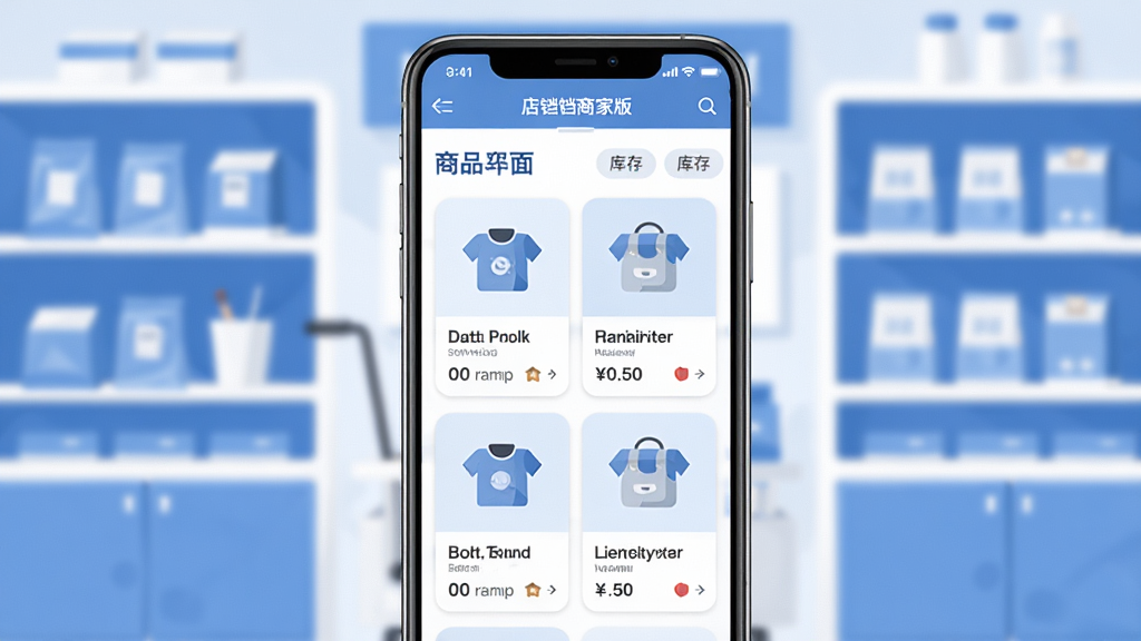 店铛铛商家版商品管理界面展示,手机屏幕中排列着商品卡片与库存数字,背景为简洁的店铺货架,蓝白色调,扁平插画风格,布局清晰,细节干净,高清画质