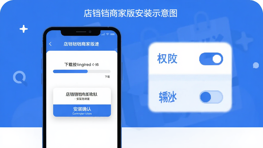 店铛铛商家版安装步骤示意图,手机屏幕显示下载进度条与安装确认弹窗,旁边有权限开关图标,扁平化风格,蓝白配色,构图清晰,画质干净