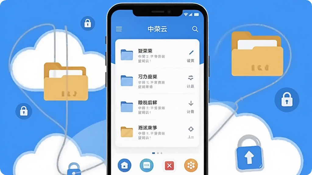 画面中央放置一部竖屏安卓手机,手机屏幕上显示“中荣云”应用主界面,包含文件列表与功能图标,手机周围环绕云朵、文件夹、锁形图标等元素,采用扁平化插画风格,配色以蓝白为主,布局简洁居中,细节干净清晰,画质高清无多余装饰