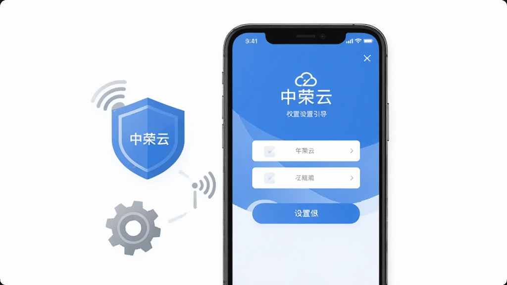 一部手机展示“中荣云”登录与权限设置引导页面,屏幕旁有盾牌、齿轮与网络信号图标,风格清爽扁平,蓝白灰配色,布局居中,细节干净,画质清晰