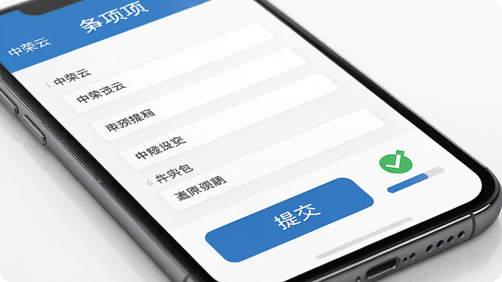 手机屏幕展示“中荣云”业务事项提交页面,表单字段排列整齐,底部有醒目的提交按钮,旁边配以对勾与进度条图标,风格简洁商务,蓝灰配色,布局清晰,画质干净