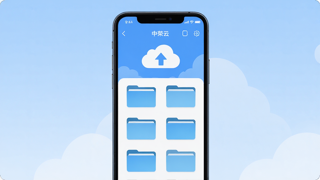 一部手机屏幕显示“中荣云”文件管理界面,文件夹图标整齐排列,上方有云朵与上传箭头,背景为浅蓝色渐变,扁平化设计风格,主体突出手机与界面,排版居中,细节干净,画质清晰