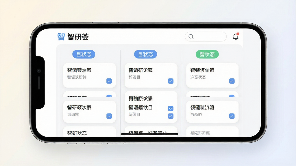 一幅展示项目进度看板功能的示意图,画面为一部手机横屏放置,屏幕内“智研荟”看板界面分为三列,每列顶部有状态标签,列内是任务卡片,卡片上有短文字与勾选标记,布局为手机居中、背景为浅色渐变,风格为清爽办公风,细节突出卡片圆角与列间分隔线,画质清晰干净,无多余元素