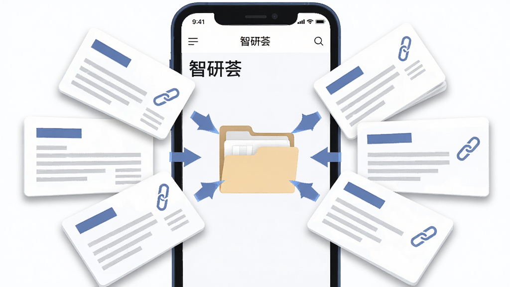 一幅表现资料归集功能的示意图,画面主体为一部手机屏幕,屏幕内“智研荟”界面显示多条资料卡片向中心文件夹汇聚的动效,卡片上有文字线条与链接图标,布局为手机居中、卡片呈放射状排列,风格为现代扁平插画风,细节强调卡片边缘的轻微阴影与汇聚箭头,画质清晰干净,无多余元素