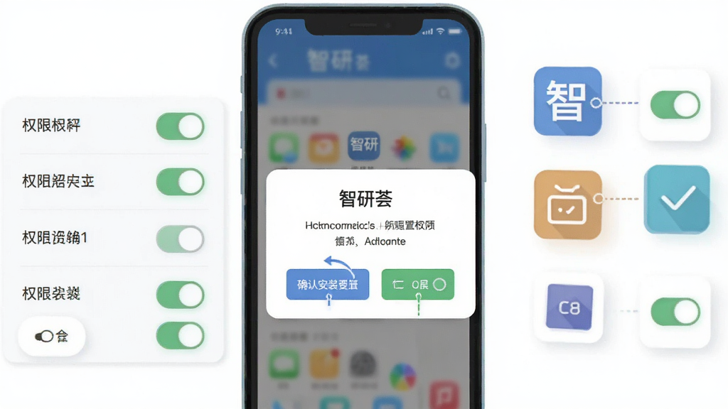 一幅展示手机应用安装与权限设置场景的示意图,画面为一部手机屏幕显示“智研荟”安装确认弹窗,旁边有权限开关列表,布局为手机居中、右侧悬浮权限图标,风格为扁平化教程插画风,细节强调弹窗按钮与开关状态,画质清晰干净,无多余元素
