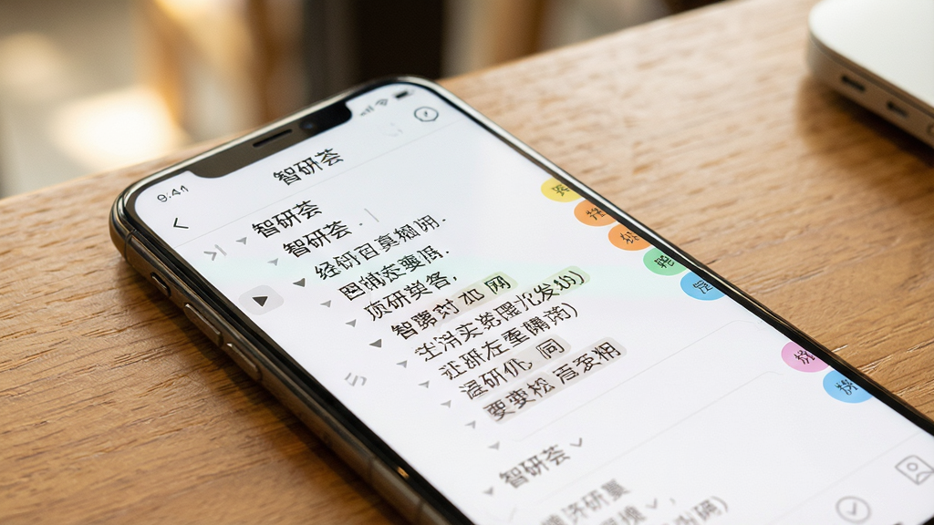 一幅展示结构化笔记功能的场景图,画面为一部手机斜放在木质桌面上,屏幕内“智研荟”笔记界面呈现三级缩进的内容层级,左侧有展开折叠箭头,右侧有标注标签,布局为手机占画面主体、背景虚化处理,风格为温暖写实风,细节突出屏幕内文字层级与标签颜色区分,画质清晰干净,无多余元素