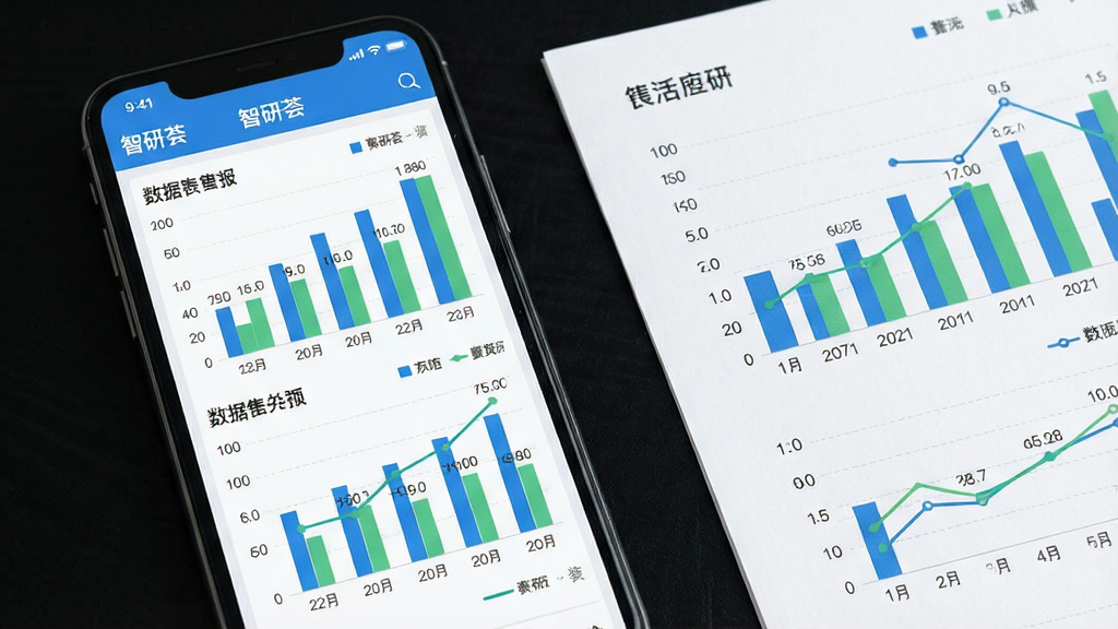一幅表现数据图表速览功能的图片,画面中央为一部手机,屏幕内“智研荟”界面展示柱状图与折线图上下排列,图表配色为蓝绿双色,手机旁边放着一张打印出来的简易报表,布局为手机与报表左右呼应,风格为商务简约风,细节强调图表坐标轴与数据标签的清晰度,画质干净,无多余元素