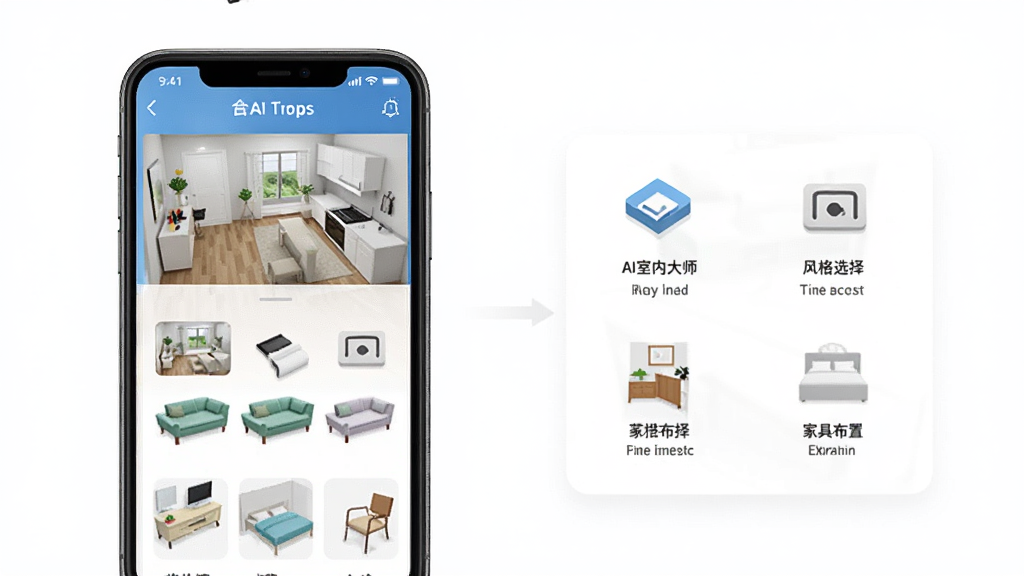 AI室内大师新手操作引导界面示意图,画面为手机屏幕显示软件首页与功能引导浮层,布局简洁明了,风格为移动应用引导页设计,细节包含户型录入、风格选择、家具布置等图标与文字说明,画质清晰,干净无多余装饰