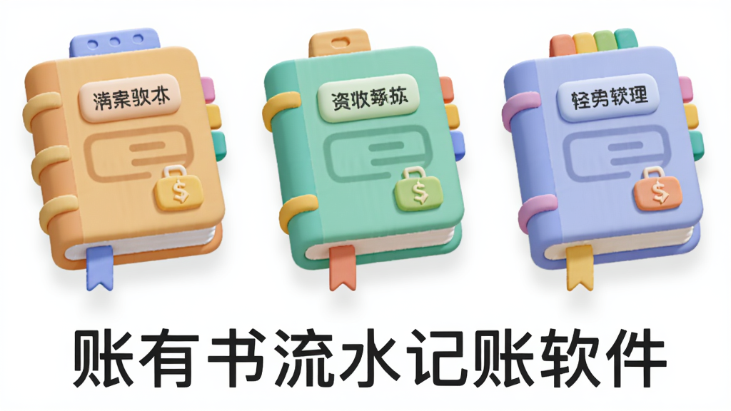 主体为三个并排悬浮的立体账本图标,每个账本封面标注不同场景标签,布局为横向排列居中构图,排版上「账有书流水记账软件」名称以简洁字体置于画面下方,风格为柔和圆角扁平插画,细节包含彩色书签、分类标签与轻微投影,画质高清干净,无多余元素