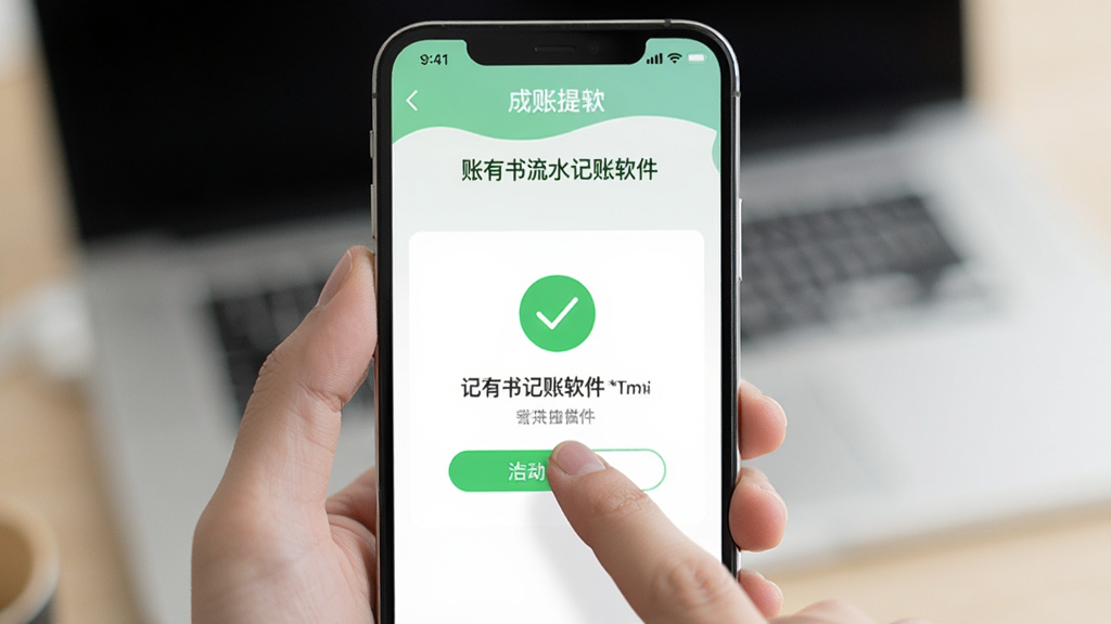 主体为一部手持智能手机展示「账有书流水记账软件」记账成功提示页面,布局为竖屏居中构图,排版上软件名称以标签形式出现在屏幕顶部,风格为写实风格数码产品展示图,细节包含手指点击动作、绿色成功对勾图标与柔和背景虚化,画质高清干净,无多余元素
