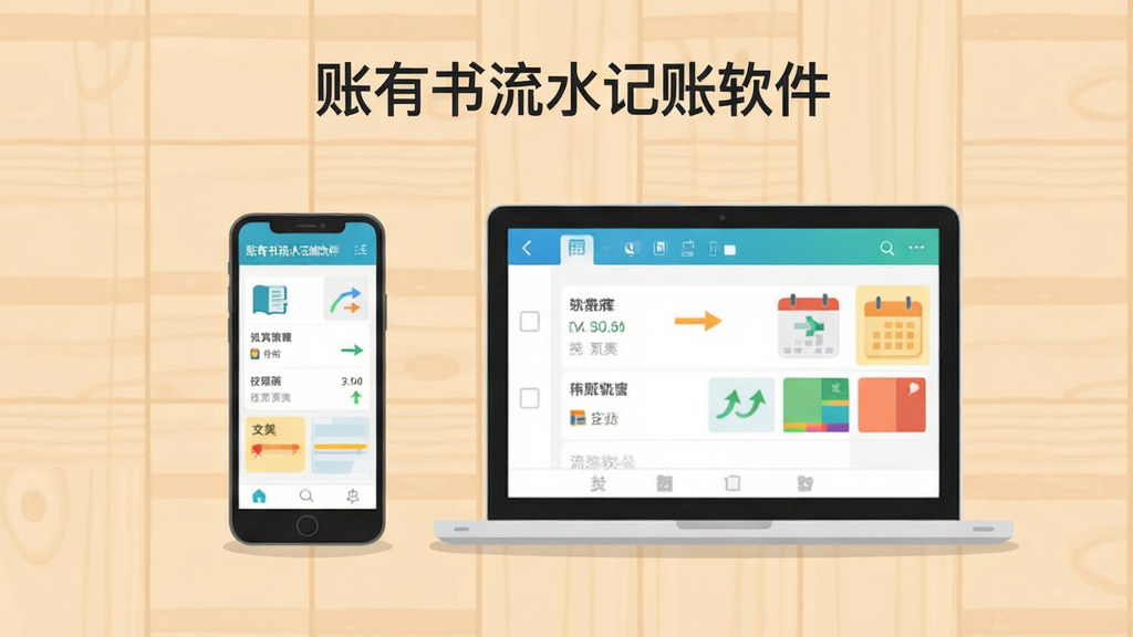 主体为一部智能手机和一台笔记本电脑并排放在浅色木质桌面上,手机屏幕显示「账有书流水记账软件」的流水记账界面,布局为左右对称构图,排版上软件名称置于画面上方居中位置,风格为清新简约的扁平化数字插画,细节包含账本图标、收支箭头、日历标签与分类色块,画质清晰细腻,画面干净整洁,无多余元素