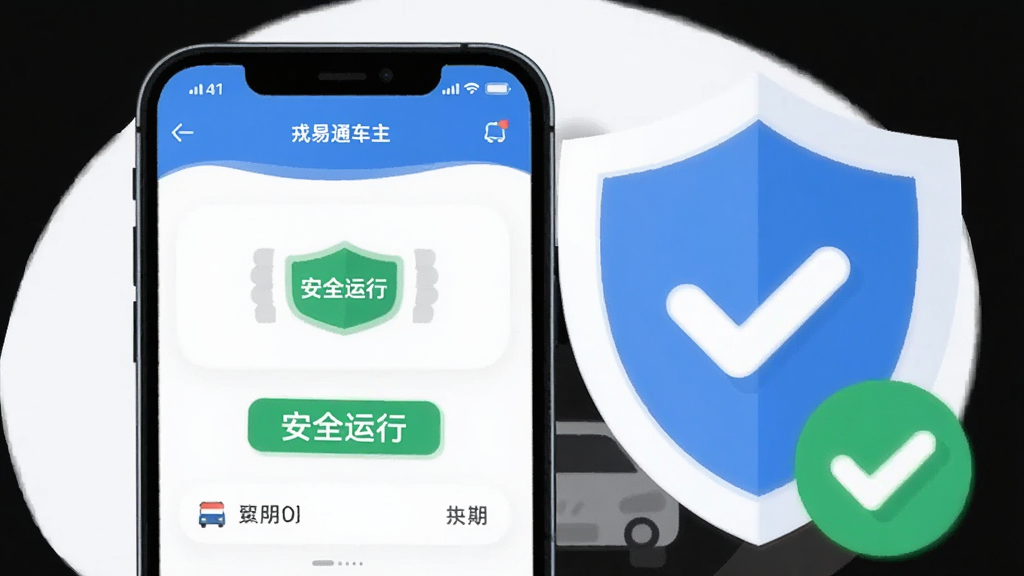 主体为手机屏幕显示应用正常运行状态,旁边放置盾牌与对勾图标,布局为手机居中偏左、图标环绕右侧,排版简洁平衡,风格为清爽扁平化插画,细节包含“戎易通车主”界面元素与“安全运行”字样标签;画质清晰干净,无多余元素
