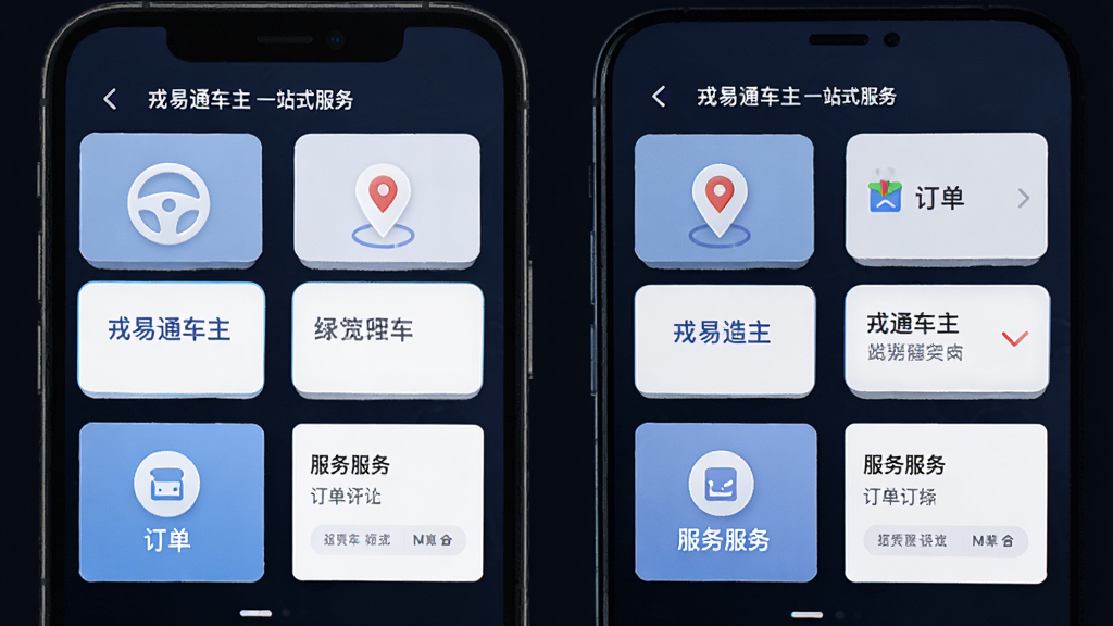 主体为手机界面展示卡片式功能入口,布局为三行两列的功能卡片排列,排版整齐居中,风格为简洁科技感UI插画,细节包含方向盘图标、定位图标、订单图标与服务卡片,界面文字标注“戎易通车主 一站式服务”;画质高清干净,无多余元素