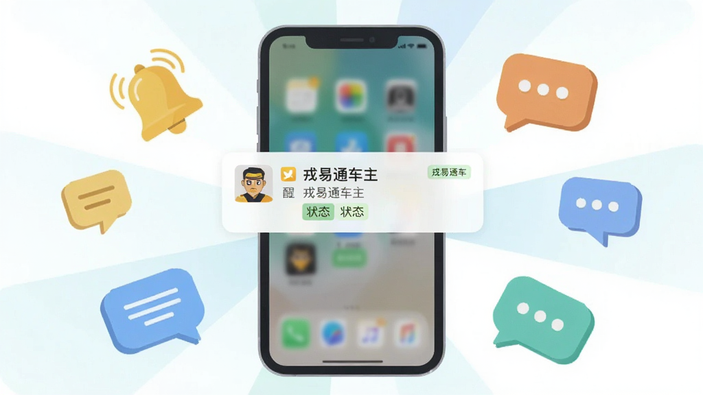 主体为手机弹出消息提醒的界面场景,布局为手机居中、周围环绕铃铛与对话气泡图标,排版采用放射状构图,风格为清新扁平插画,细节包含“戎易通车主”字样的通知卡片与状态标签;画质清晰干净,无多余元素