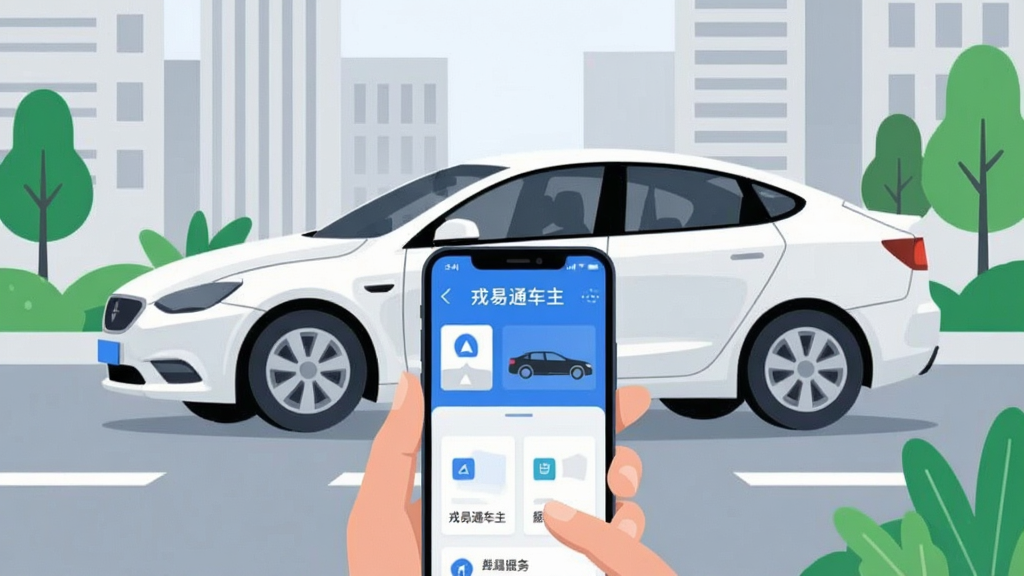画面主体为一辆白色家用轿车停在城市道路旁,车主手持手机查看应用的场景;布局上手机屏幕位于画面中下部并清晰展示蓝色调的车主服务界面;排版采用居中构图,背景为浅灰色城市建筑与绿植;风格为现代扁平化插画,细节包含导航图标、车辆轮廓、服务卡片等元素,屏幕内文字标注“戎易通车主”;画质清晰干净,无多余元素
