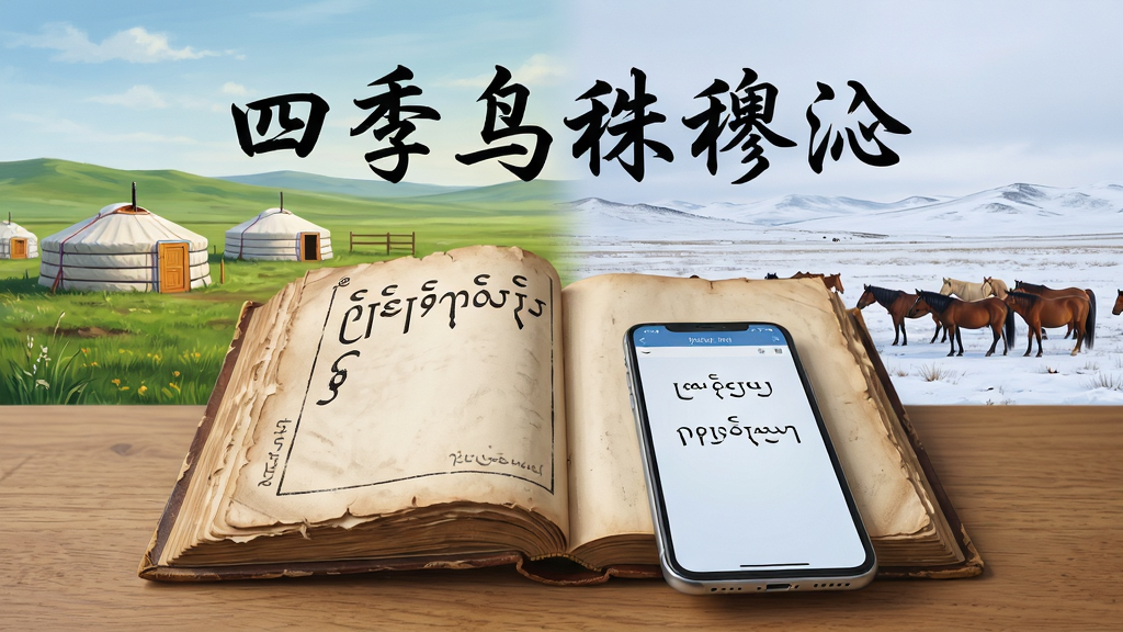 画面主体为一本展开的蒙古文古籍与一部现代智能手机并排放置在木质桌面上,背景是乌珠穆沁草原四季交替的拼贴场景,左侧为绿色夏季牧场与白色蒙古包,右侧为白雪覆盖的冬季草原与马群,布局采用左右对称构图,上方留白处用蒙古文书法字体书写“四季乌珠穆沁”,整体风格为写实插画与摄影质感结合,细节包含草叶纹理、书页边缘磨损、手机屏幕显示蒙古文界面,画质清晰干净,色彩自然柔和,无多余装饰元素