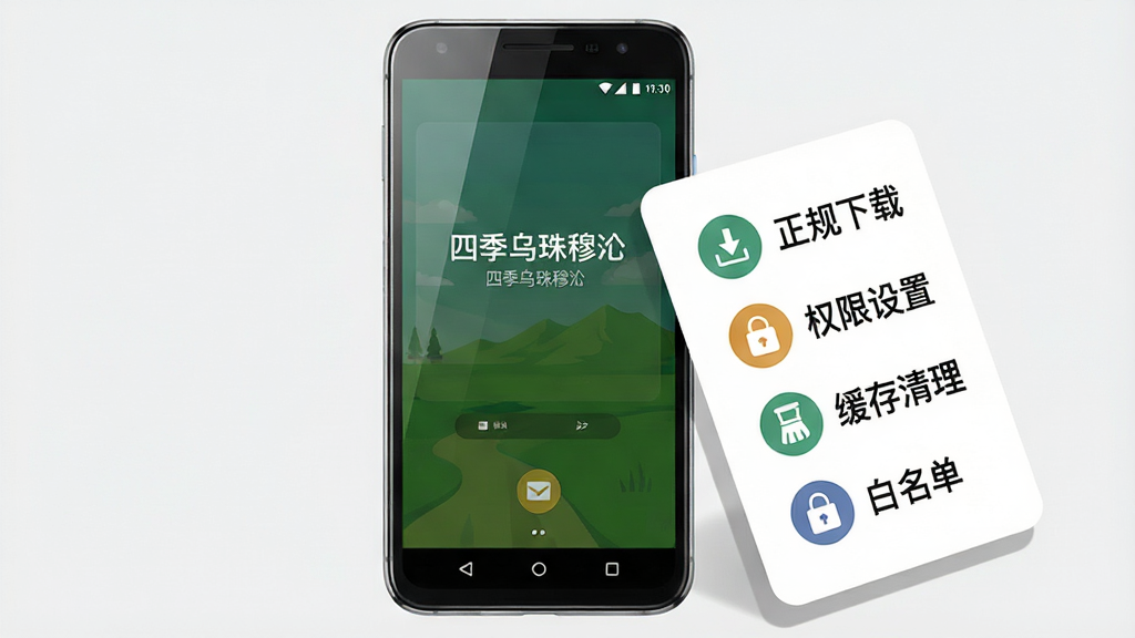 画面主体为一部安卓手机屏幕显示“四季乌珠穆沁”应用启动界面,手机旁边放置一张写有安装步骤要点的提示卡片,卡片上依次列出“正规下载”“权限设置”“缓存清理”“白名单”四个关键词,布局为手机居中、卡片斜靠在手机右侧,风格为简洁扁平化信息图风格,细节包含手机边框反光、卡片圆角与浅灰阴影、关键词图标化处理,画质干净清晰,背景为浅色纯色,无多余装饰元素