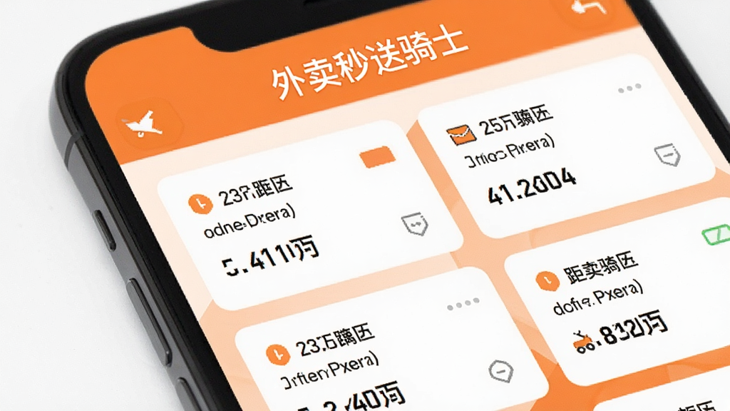 一部手机屏幕特写,界面上排列着多张订单卡片,每张卡片标注距离、时间和收益数字,卡片上方有“外卖秒送骑士”字样的标题栏,背景为简洁的白色与橙色搭配,扁平化UI风格,画面干净,画质清晰