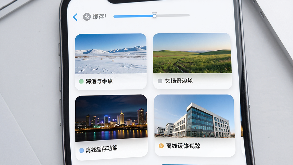 全景海拉尔多场景分类与离线缓存功能展示,画面为手机界面,屏幕内以网格形式排列雪原、草原、夜景、建筑四类场景卡片,每张卡片配有缩略图与标签文字,顶部有缓存进度条图标,背景为浅灰色桌面,风格整洁现代,细节清晰,画质高清,干净无多余元素
