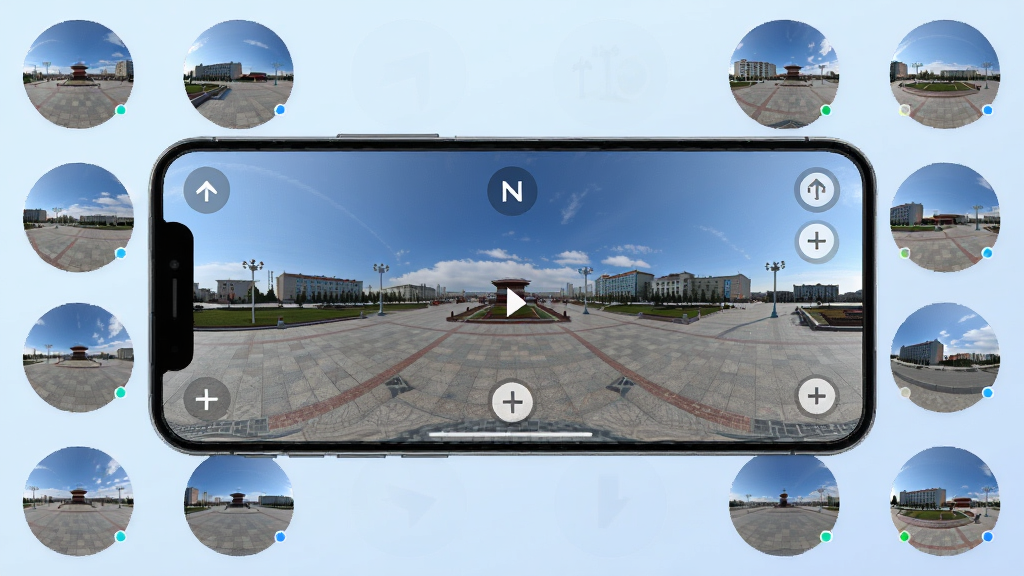 全景海拉尔360度全景浏览功能展示,画面为手机横屏界面,屏幕中显示海拉尔城市广场全景,画面带有方向指示箭头与缩放按钮,四周环绕多个不同角度的圆形小预览图,背景为淡蓝色渐变,风格科技简约,细节清晰,画质高清,干净无多余元素