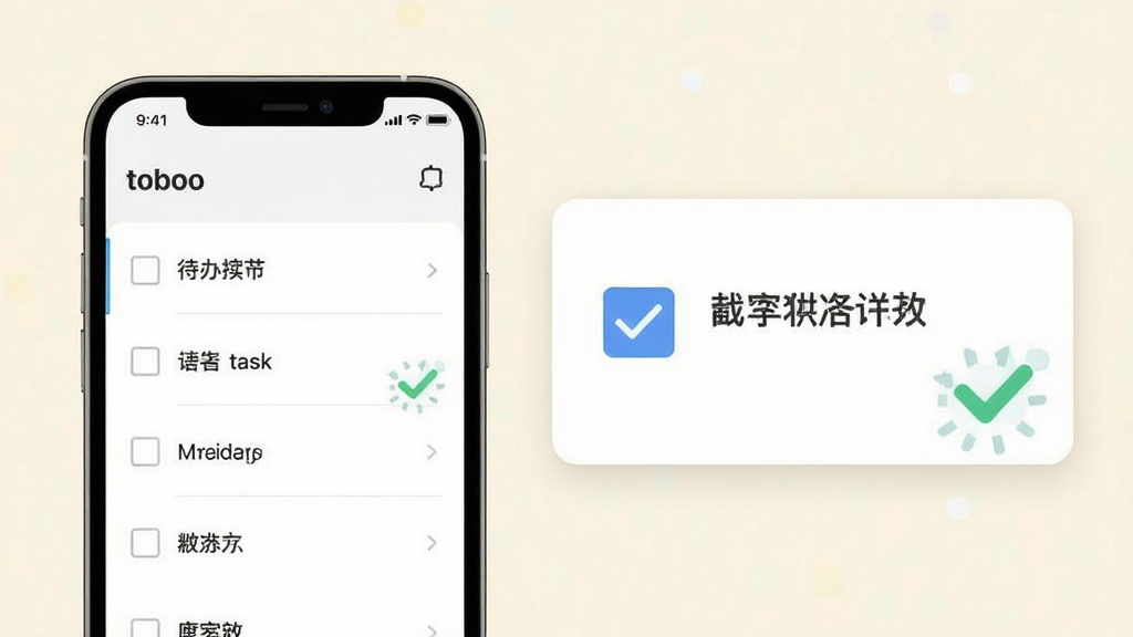 一张todo小便签功能展示图,画面左侧为手机屏幕显示简洁的待办列表,右侧为放大的复选框与任务卡片,布局左右分栏,风格现代扁平,细节包含勾选动画效果示意与浅色背景,画质清晰,干净无多余元素