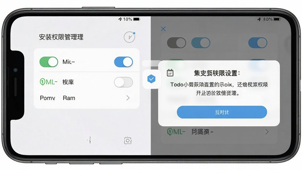一张todo小便签安装权限设置示意图,画面为手机屏幕显示权限管理界面与安装提示弹窗,布局上下结构,风格写实扁平,细节包含权限开关与提示文字区域,画质清晰,干净无多余元素