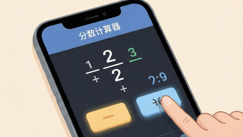 一张分数计算器软件操作引导示意图,画面为手机屏幕展示分数输入与运算结果界面,旁边配有手指点击按钮的动作示意,屏幕内可见“分数计算器”文字与分数算式,背景为柔和浅色,风格为教程示意类插画,细节包括清晰的按钮高亮、分数横线与数字排版规范、整体构图简洁,画质高清,画面干净,无多余元素