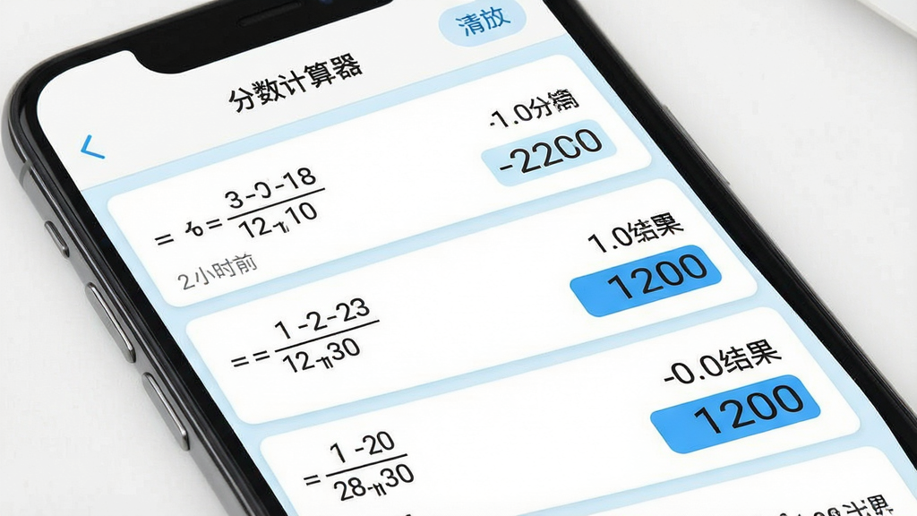 一张分数计算器软件历史记录功能界面图,画面为手机屏幕展示运算历史列表,每条记录包含分数算式与化简结果,顶部有“分数计算器”标题与清空按钮,列表条目采用卡片式布局,背景为白色搭配淡蓝色分隔线,风格为简约实用型应用界面,细节包括时间戳、算式排版整齐、结果高亮显示,画质高清,画面干净,无多余元素