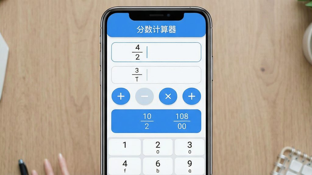 一张展示分数计算器软件主界面的手机应用截图风格图片,画面中央是一部竖屏智能手机,屏幕内显示分数计算器应用界面,界面顶部有“分数计算器”文字标题,中部为两个分数输入框与加减乘除符号按钮,下方为结果展示区域显示化简后的分数与对应小数,整体采用浅色背景搭配蓝色主色调,布局简洁清晰,风格为现代扁平化UI设计,细节包括圆角按钮、清晰数字键盘、分数横线显示规范,画质高清,画面干净,无多余元素