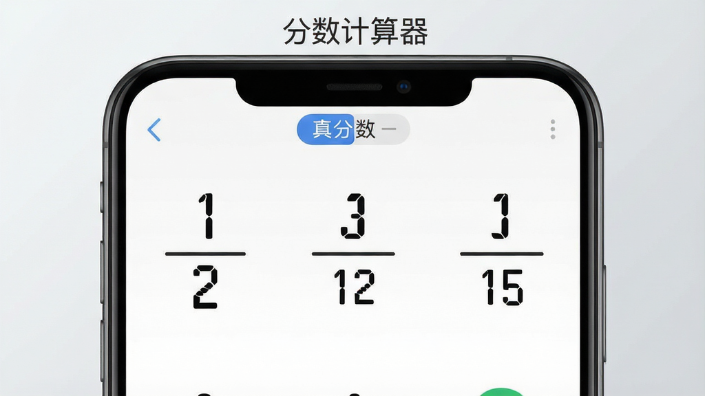 一张分数计算器软件功能展示图,画面主体为手机屏幕内呈现三种分数输入模式切换界面,左侧为真分数输入示例,中间为假分数输入示例,右侧为带分数输入示例,屏幕上方有“分数计算器”字样,背景为浅灰渐变,风格为清爽科技感UI展示,细节包括分数横线、分子分母数字清晰可辨、模式切换标签醒目,画质高清,画面干净,无多余元素
