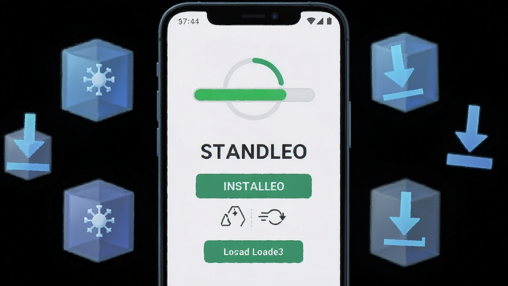 一张表现STANDLEO轻量安装概念的AI生图,画面主体是一部安卓手机屏幕显示“STANDLEO”安装完成界面,屏幕上方有进度条已满的图标,手机周围漂浮着几个半透明的数据方块和下载箭头,布局为手机居中、元素环绕,风格扁平化科技感,细节上突出安装包体积小与加载迅速,画质高清,干净,无多余元素