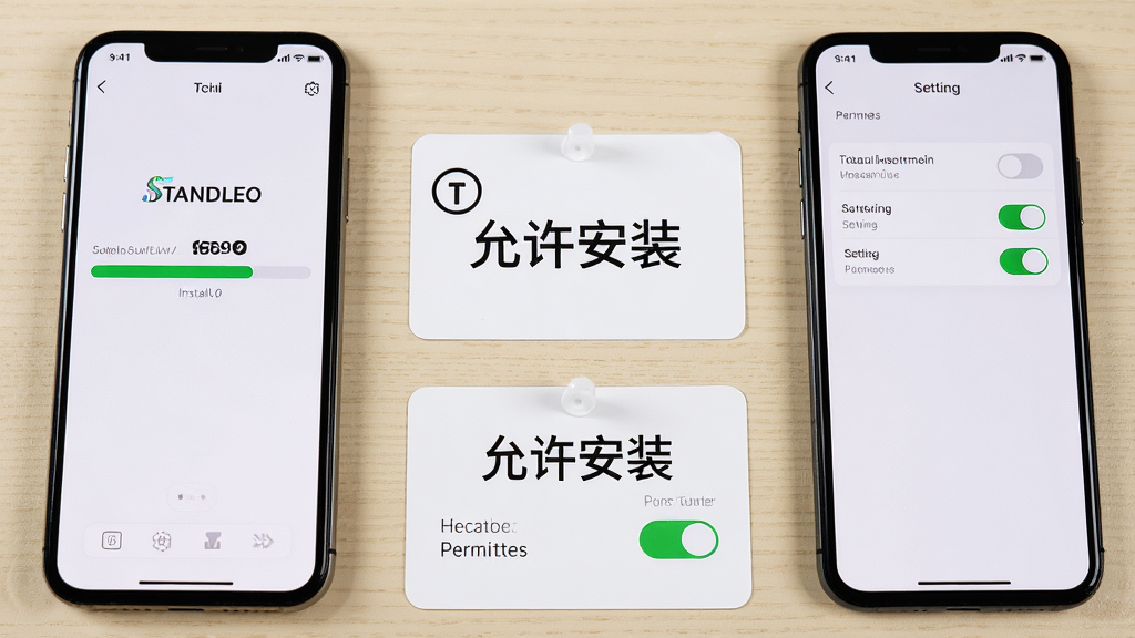 一张展示STANDLEO安装与排错场景的AI生图,画面为一部手机屏幕显示安装进度条与“STANDLEO”名称,旁边有另一部手机显示设置中的权限开关界面,两部手机并排放在浅色桌面上,中间有一张写有“允许安装”的提示卡片,布局为双机并列、卡片居中下方,风格教程图解风,细节上突出安装界面与权限开关,画质高清,干净,无多余元素