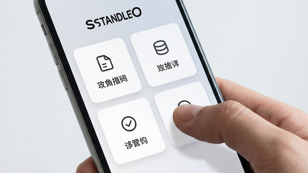 一张展示STANDLEO界面简洁特点的AI生图,画面为一部手机正面特写,屏幕内是STANDLEO的简洁功能卡片布局,卡片上有图标和简短中文标签,背景为浅灰渐变,手机右侧有一只手正用拇指轻触屏幕,布局为手机占画面三分之二、手部动作自然,风格生活化且干净,细节上突出界面留白与触控区域,画质高清,干净,无多余元素