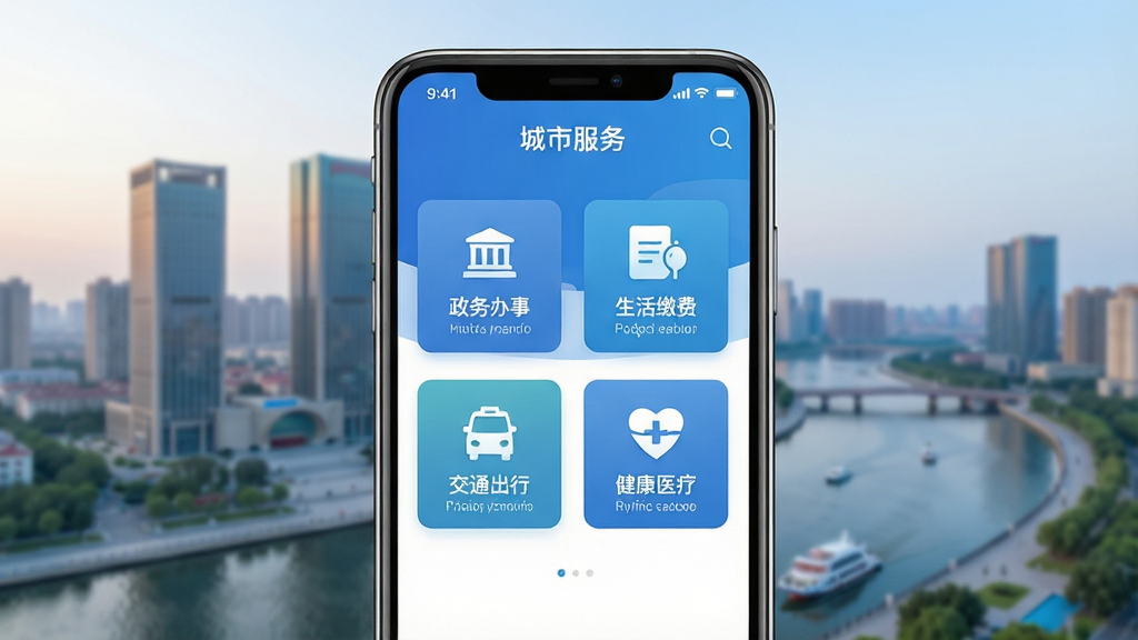 一张手机界面展示城市综合服务平台的场景图,画面中央是一部竖屏智能手机,屏幕内呈现蓝色调的城市服务应用首页,包含政务办事、生活缴费、交通出行、健康医疗四个功能入口图标,手机背后是天津城市天际线与海河景观的虚化背景,整体采用清新商务风格,光线柔和,构图居中,细节干净,画质清晰,无多余元素