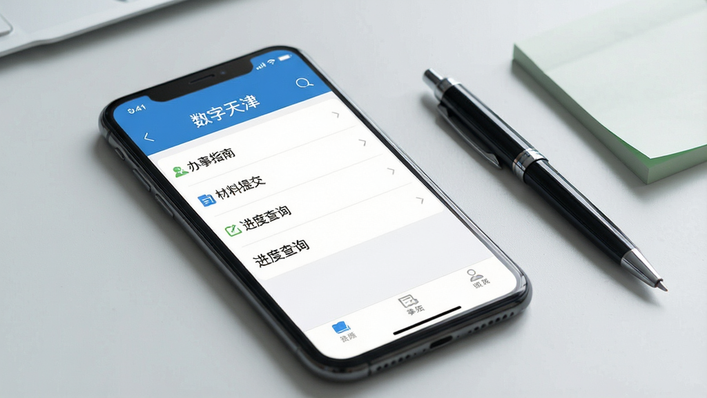 一张展示政务办事功能界面的场景图,画面主体为手机屏幕特写,屏幕内呈现