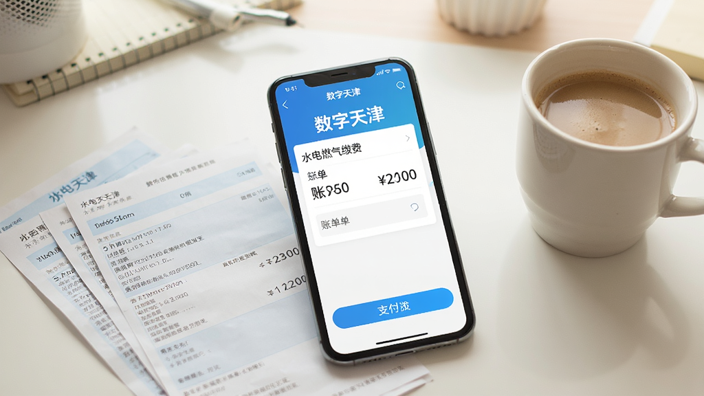 一张展示生活缴费功能界面的场景图,画面中央为手机屏幕,屏幕内呈现