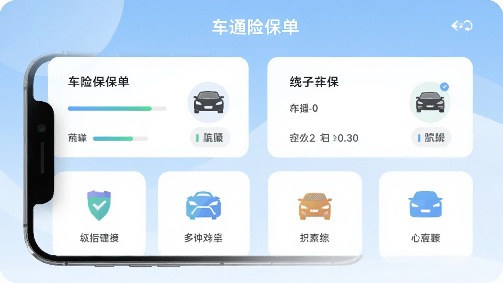 一车通保App主界面展示,手机屏幕中呈现车险保单卡片与功能图标网格,背景为浅蓝色渐变,布局居中对称,风格简洁现代,细节包含保单进度条与车辆图标,画质清晰干净,无多余元素
