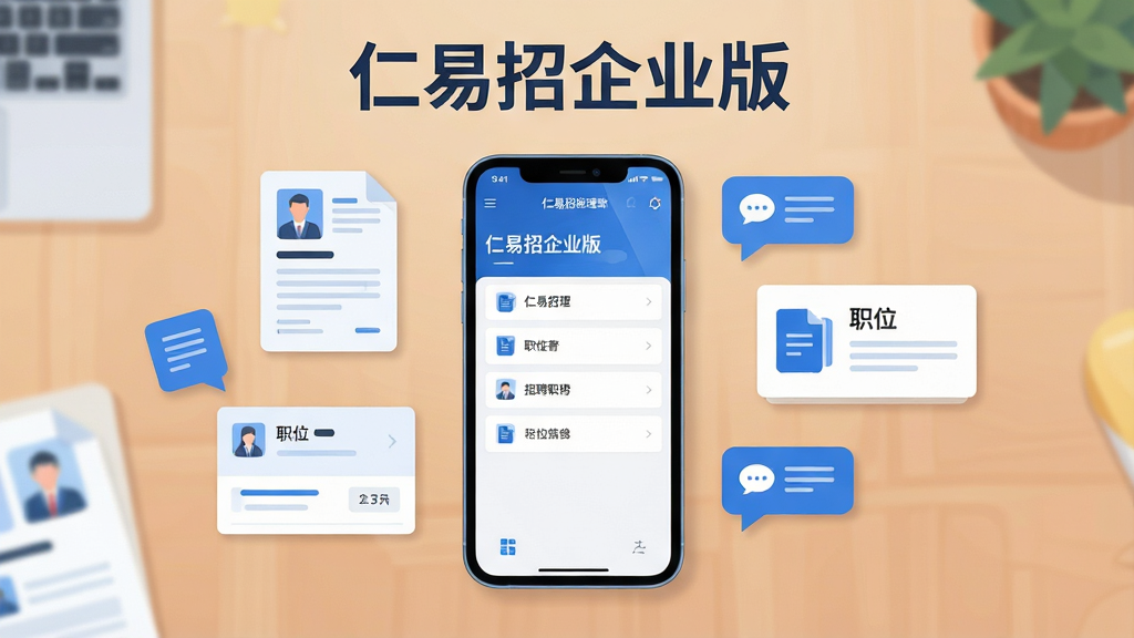 一幅展示仁易招企业版软件界面的场景图,主体是一部智能手机屏幕显示招聘管理后台,布局为手机居中放置于办公桌面上,周围有简历图标、职位卡片、消息气泡等元素环绕,排版上软件名称