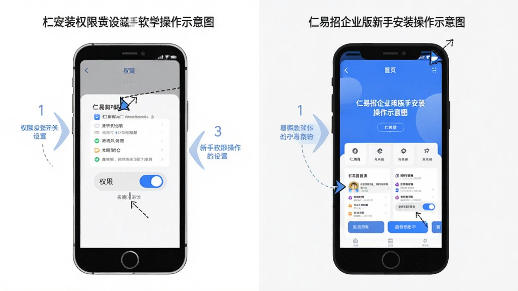 仁易招企业版新手安装操作示意图,主体为手机屏幕展示安装权限设置与软件启动画面,布局为左右分屏对比展示权限开关与软件首页,排版上标注关键操作步骤序号,风格为简洁教程类扁平插画,细节包括蓝色高亮开关按钮、灰色说明文字、手机轮廓线,画质清晰干净无多余元素