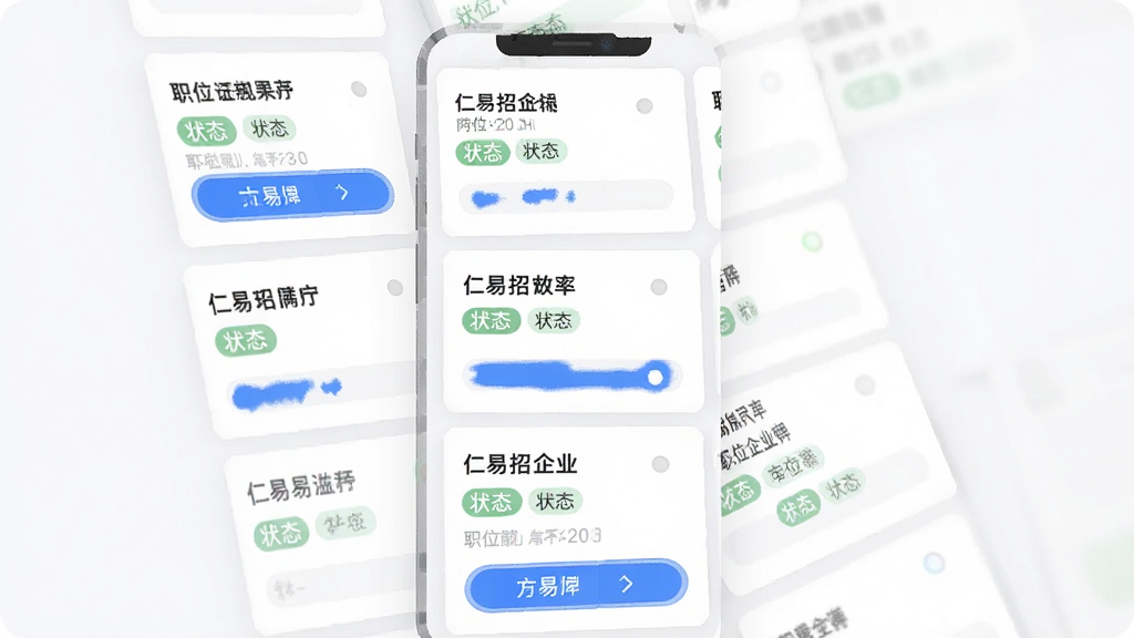 仁易招企业版职位管理功能展示图,主体为手机界面中排列整齐的职位卡片列表,布局为纵向滚动式卡片布局,排版上每张卡片显示岗位名称与状态标签,风格为清爽简约的UI界面风格,细节包括蓝色高亮按钮、灰色辅助文字、圆形状态指示灯,画质高清干净无多余元素